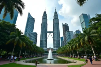Les tours Petronas vues depuis le parc KLCC à Kuala Lumpur avec jardins tropicaux et visiteurs en promenade