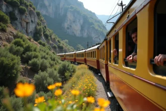 Train touristique jaune et rouge traversant les gorges montagneuses de Corse entouré de maquis et de falaises calcaires