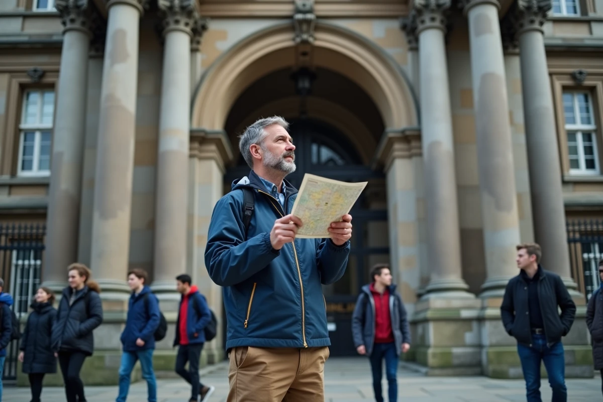 Touriste tenant une carte devant l'entrée monumentale du Trinity College de Dublin en pierre calcaire
