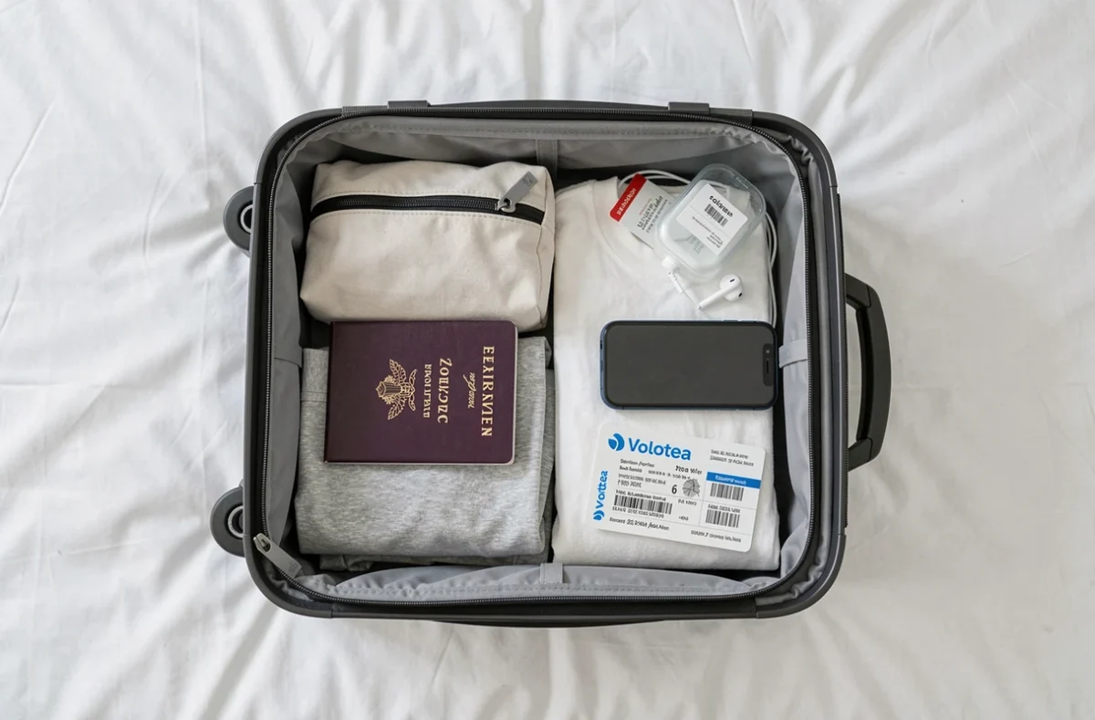 Valise cabine ouverte avec affaires de voyage préparées pour un vol Volotea