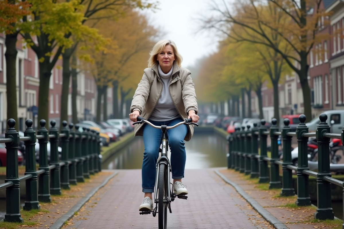 Femme néerlandaise à vélo dans Amsterdam au matin
