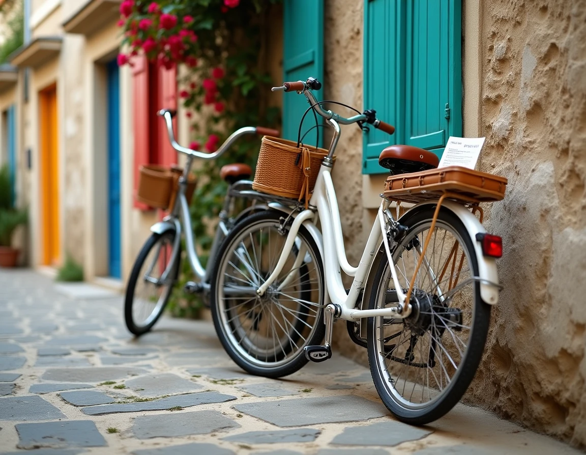 Deux vélos appuyés contre un mur de pierre au port de Porquerolles avec un billet de ferry dans le panier