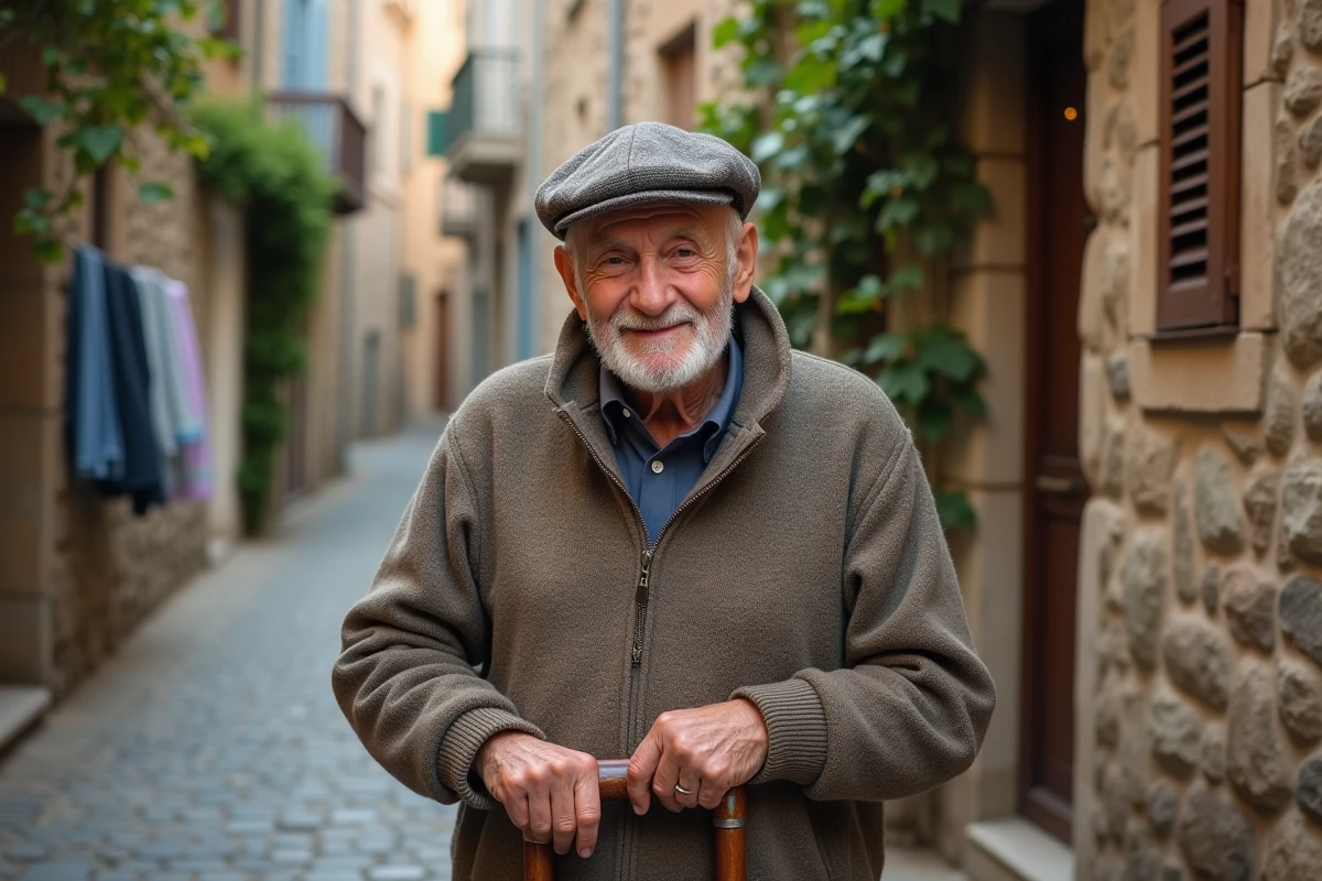 Homme âgé dans un village de montagne près de l'Italie