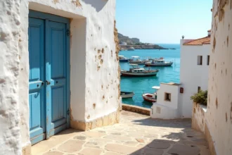 Vue panoramique d'une ville côtière tunisienne avec médina blanche et mer turquoise en arrière-plan