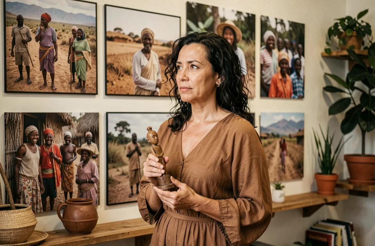 Femme tenant un objet artisanal devant un mur de photographies documentaires dans la boutique de voyage éthique Visages du Monde