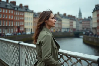 Femme sur le Ha'penny Bridge à Dublin regardant la rivière Liffey, architecture géorgienne en arrière-plan