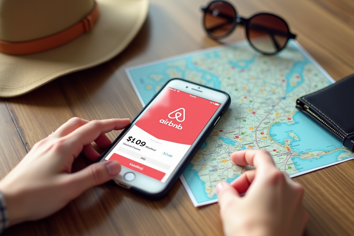 Main posant des vouchers et smartphone avec application Airbnb sur table