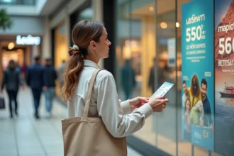 Femme consultant les offres de voyages dernière minute dans une agence de voyage Leclerc en centre commercial à Nantes