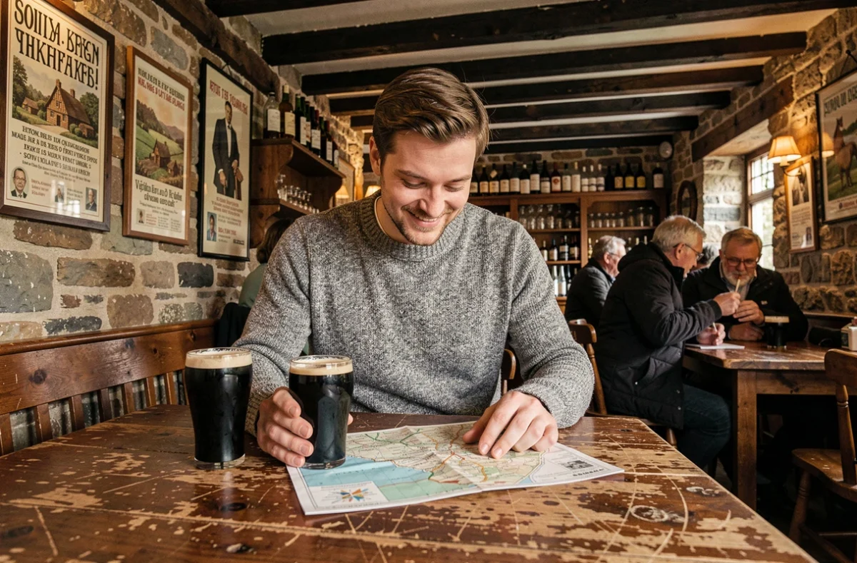 Voyageur consultant une carte routière dans un pub traditionnel irlandais à Galway avec une pinte de stout