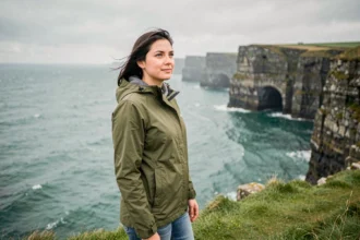 Jeune femme en veste imperméable contemplant les falaises de Moher en Irlande sous un ciel nuageux typique