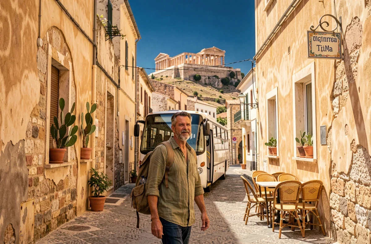 Voyageur solo explorant les ruelles pavées d'Agrigente avec la Valle dei Templi en arrière-plan sous un ciel bleu méditerranéen