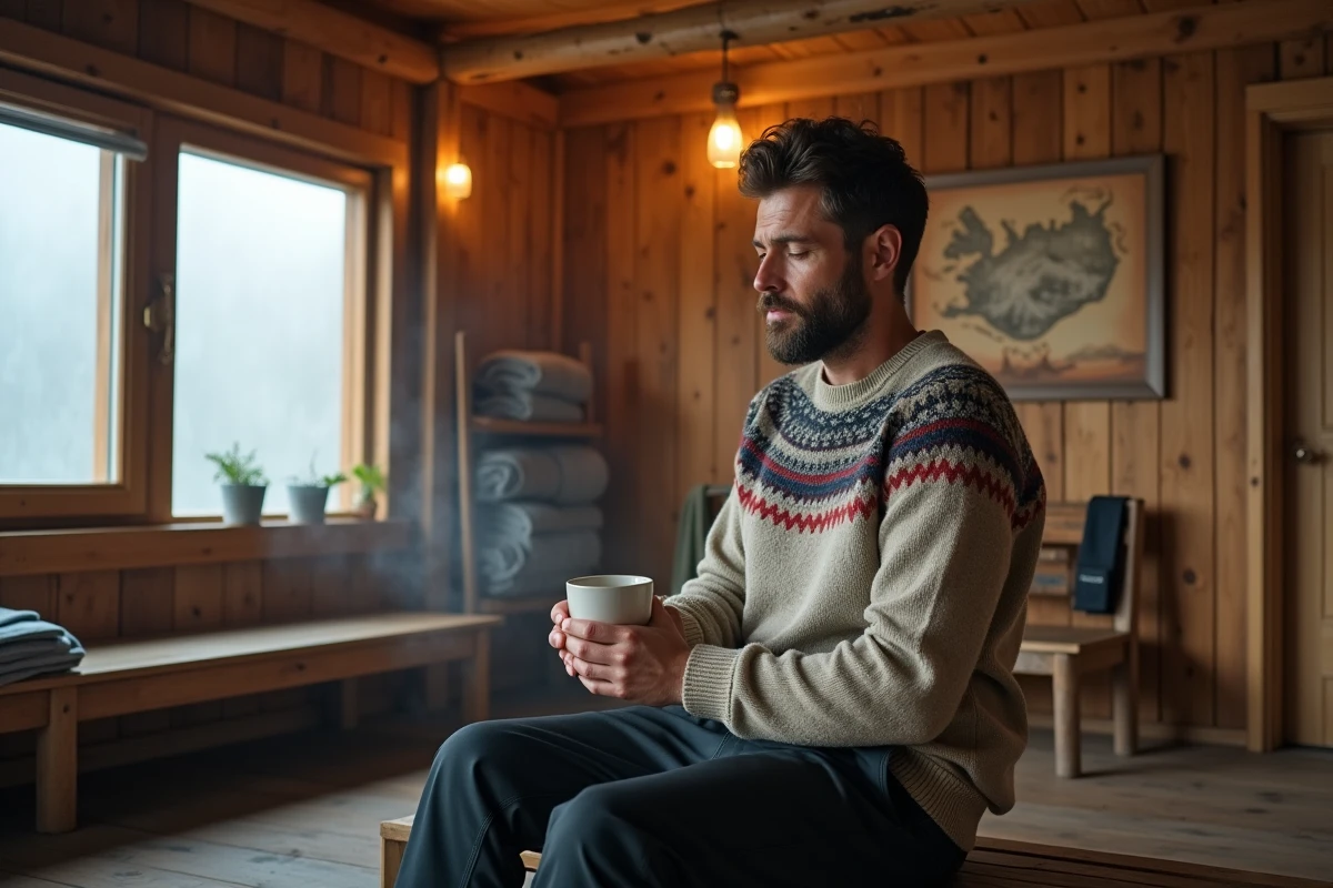 Voyageur en pull islandais traditionnel se reposant dans le vestiaire chaleureux d'un bain géothermal en Islande