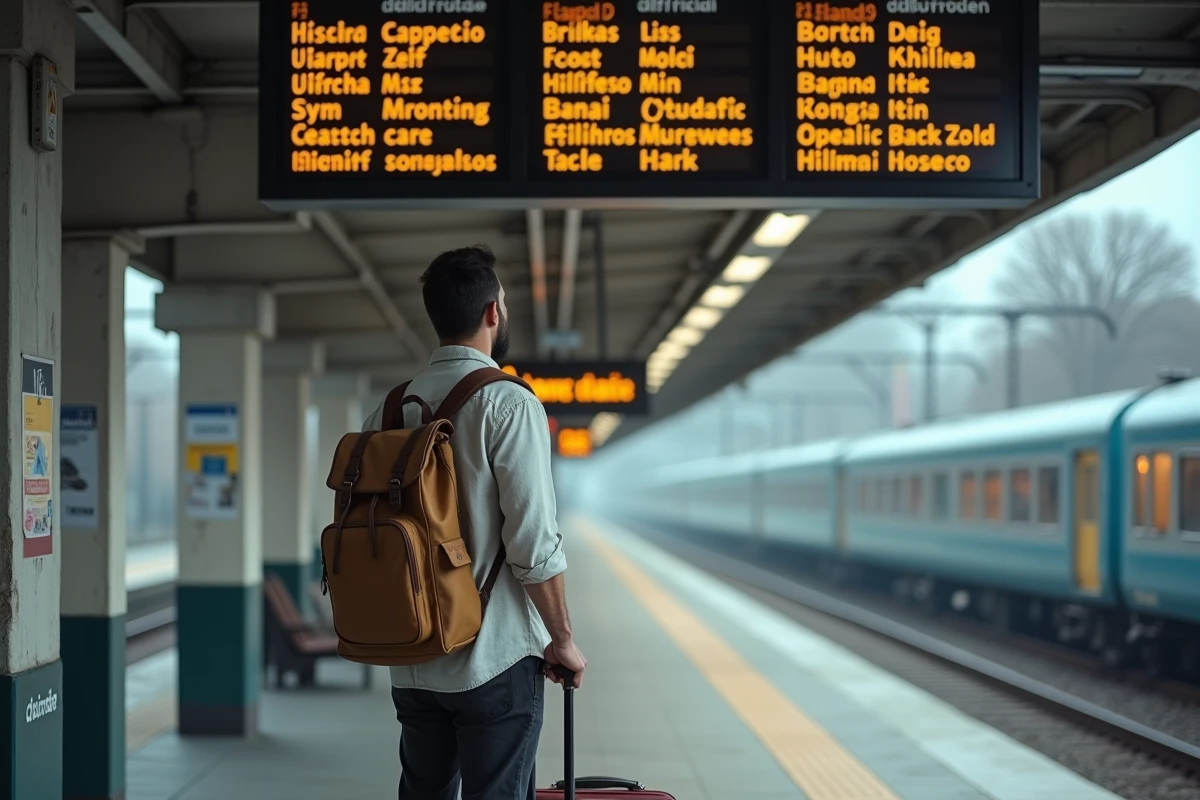 Voyageur solo avec valise devant un tableau des départs en gare, choisir une destination pas chère pour les vacances d'août