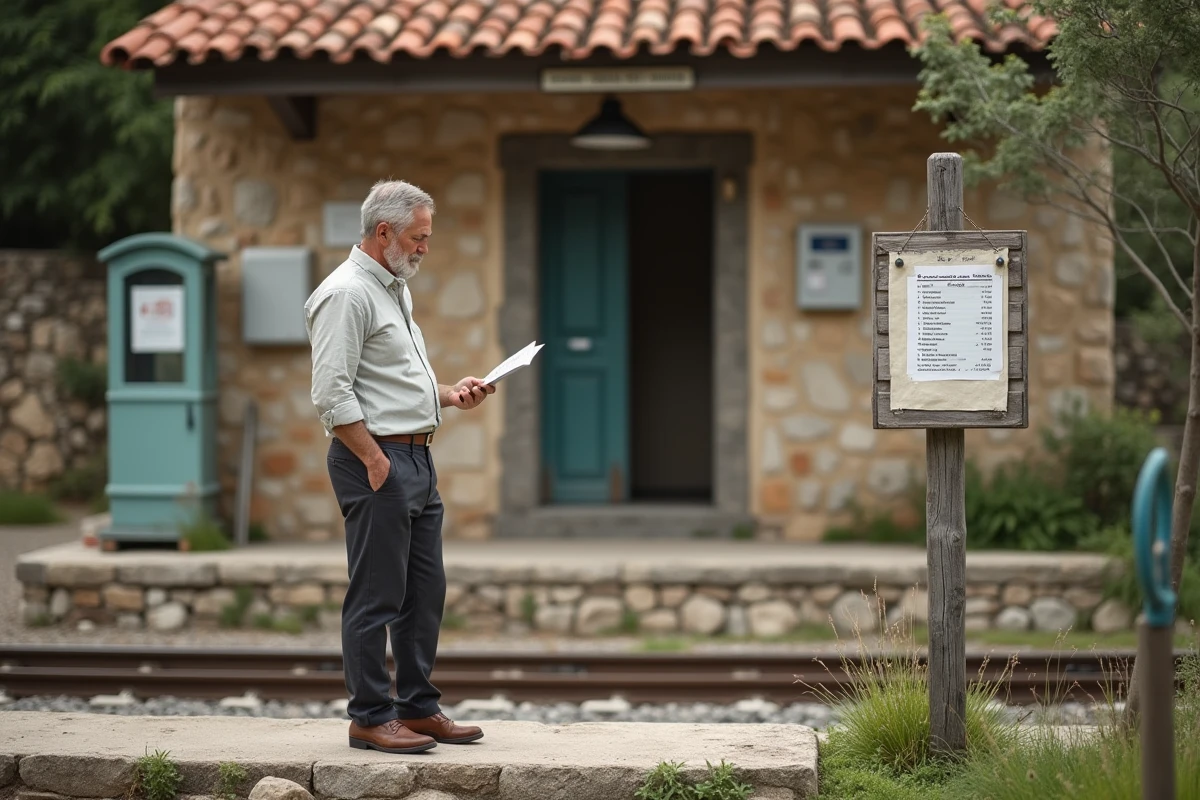 Voyageur consultant les horaires affichés sur le panneau d'une petite gare rurale corse aux bâtiments en pierre