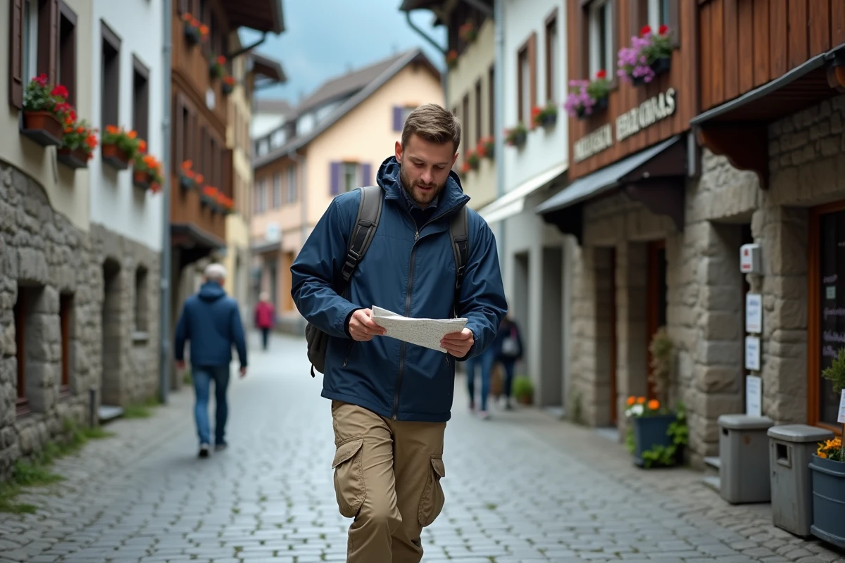 Voyageur avec carte et sac à dos dans la rue pavée du centre historique de Hallstatt en Autriche