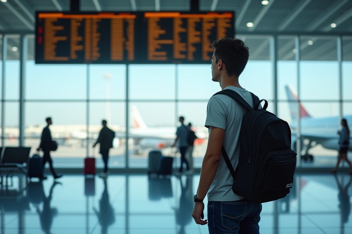 Voyageur consultant un tableau des départs dans un aéroport international pour trouver un vol économique
