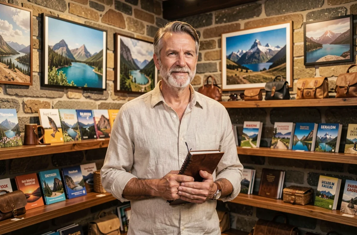 Client tenant un carnet de voyage dans la boutique haut de gamme Voyageurs du Monde avec des photographies de destinations exotiques au mur