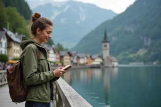 Voyageuse consultant son budget de voyage devant le village de Hallstatt en Autriche au bord du lac