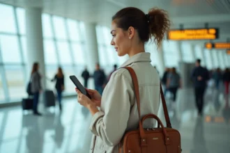 Voyageuse consultant son forfait mobile Saily dans un aéroport international