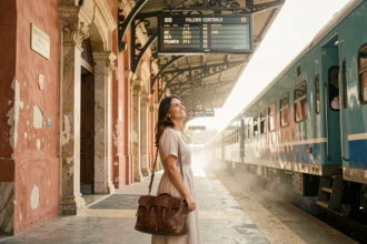 Voyageuse avec un sac en cuir sur le quai de la gare de Palerme en Sicile, attendant un train régional par une journée ensoleillée