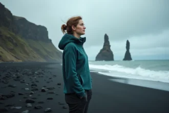 Voyageuse contemplant une plage de sable noir volcanique en Islande avec des colonnes de basalte en arrière-plan