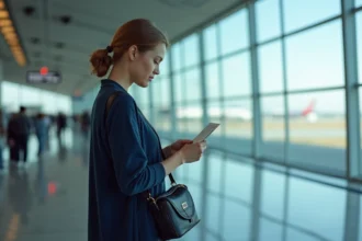 Voyageuse consultant sa carte d'embarquement dans un terminal d'aéroport moderne avant un vol long-courrier French bee