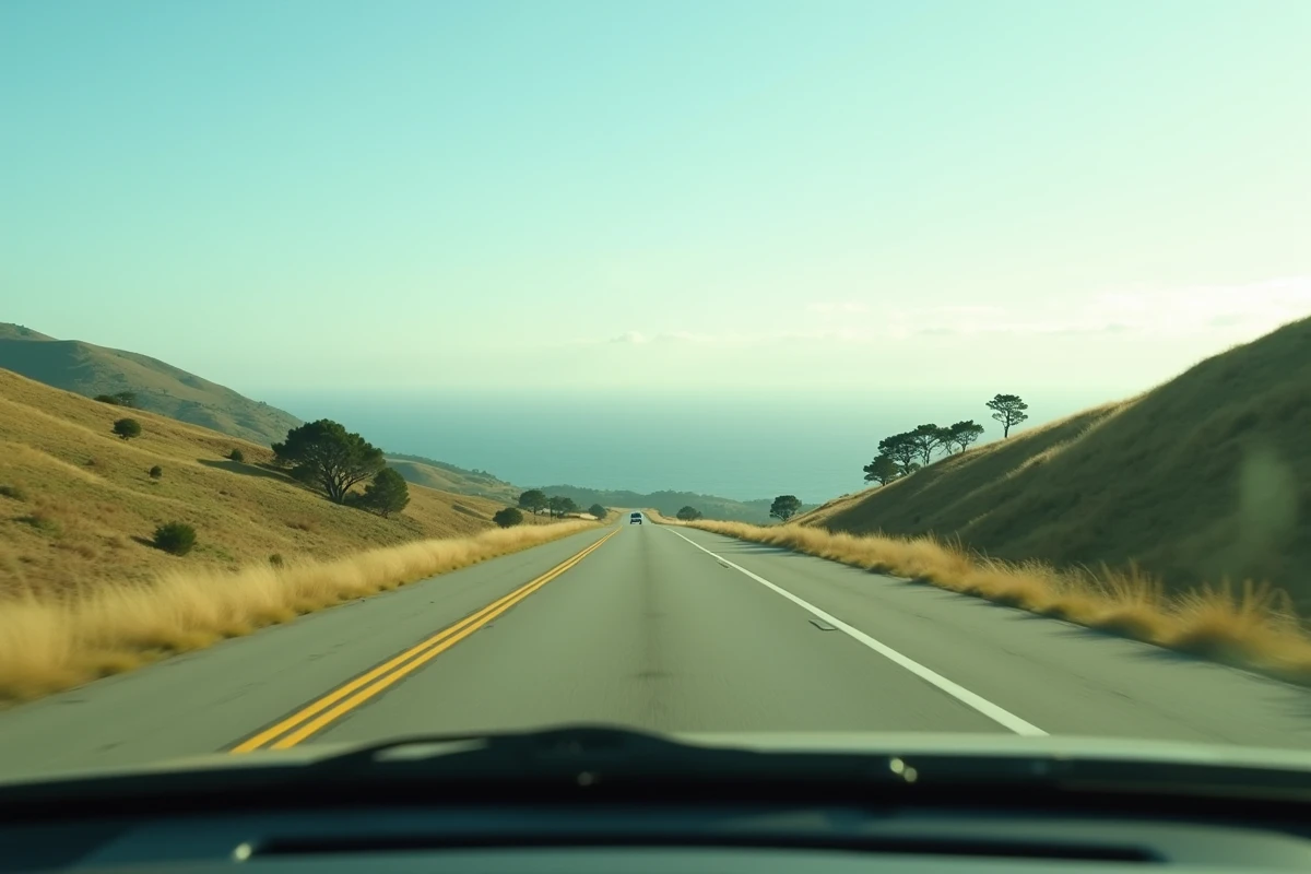 Vue depuis l'intérieur d'une voiture sur la Highway 101 entre Los Angeles et San Francisco avec paysage côtier californien